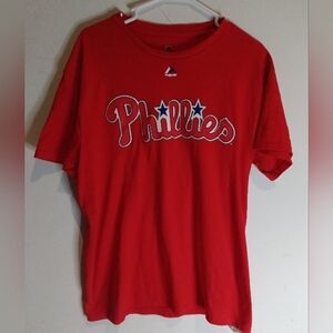 Majestic Phillies Red Script Logo Tee with Blue Accents